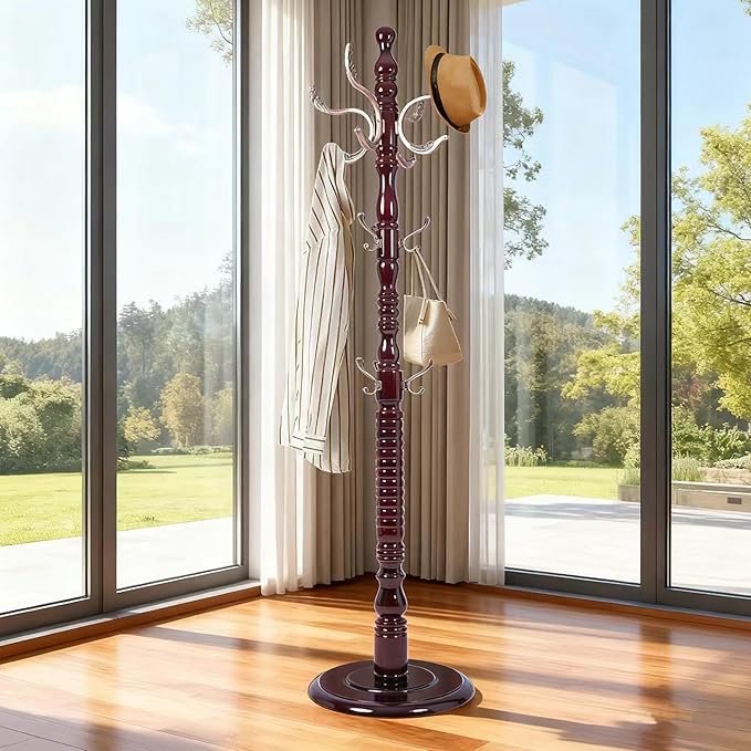 73" Wooden Freestanding Coat Rack，Easy to Adjust, Easy to Assemble for Children, Youth,Coat Rack Stand With Adults，18 Hooks and Round Solid Wood Base for Entrance Hallway Office Living Room (Metal)