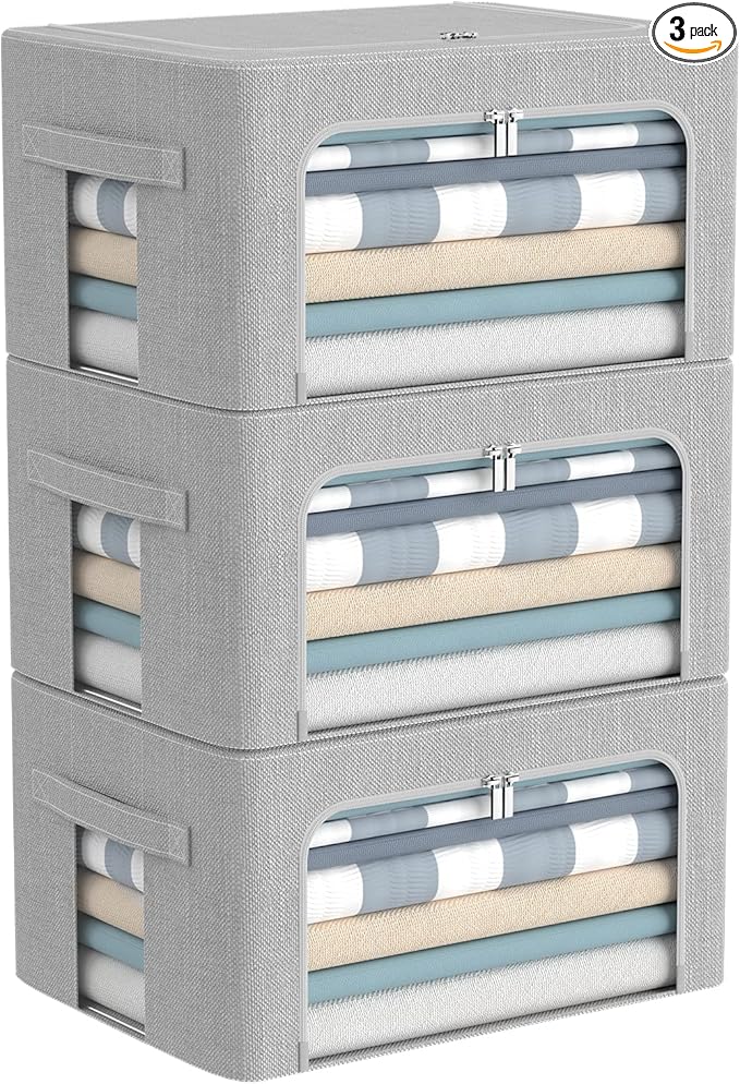 CYhom 3Pack Foldable Storage Bins - Frame Storage Box Linen Fabric Stackable Clothes Container Organizer with Clear Window & Carry Handles Large Capacity (Small-22L, Light Grey)