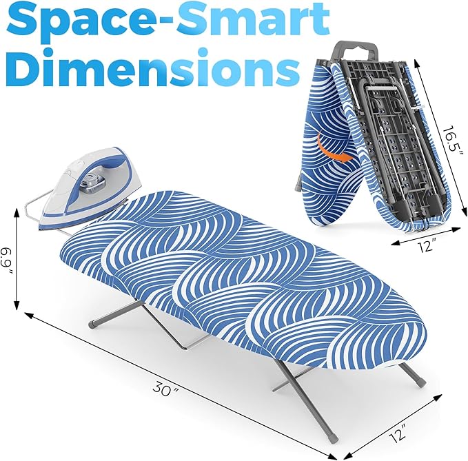 KINGBOARD Tabletop Ironing Board, Small Ironing Boards with Iron Rest, Folding Iron Board, Extra Thick Cover, Portable Tabletop Ironing Board with Non-Slip Feet, 30x12 Blue and White