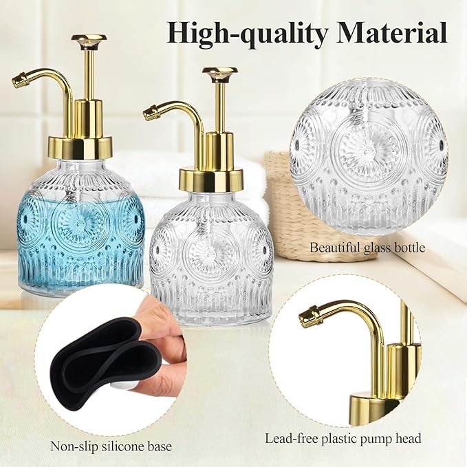 SheeChung Vintage Soap Dispenser, Kitchen Dish Soap Dispensers with Pump Mat, Glass Hand Soap Dispenser for Bathroom, Liquid, Lotion, Refillable, Rustic Farmhouse Decor-Clear (Gold Pump, 2 pk)