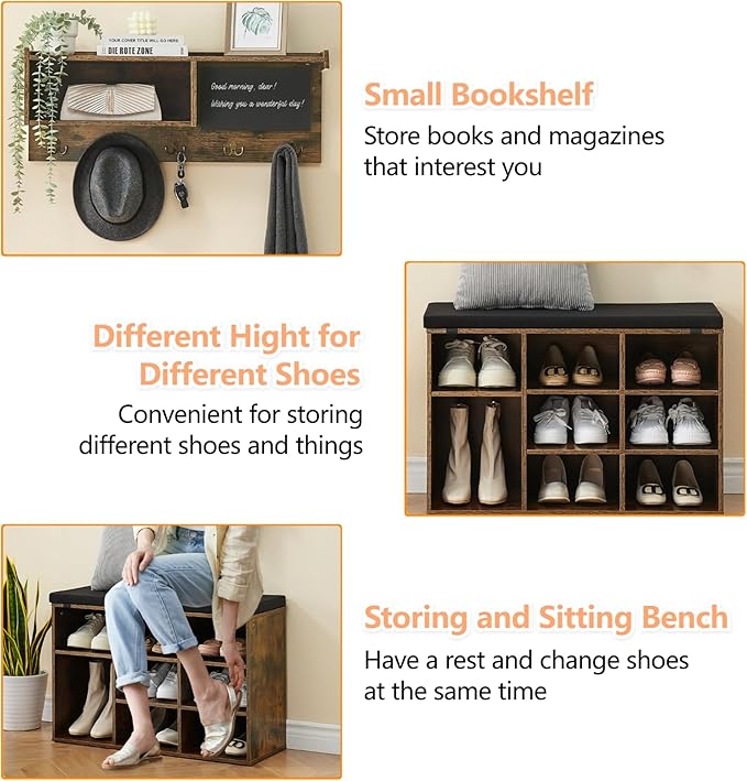 Entryway Shoe Bench with Coat Rack, Cushioned Storage Seat with Cubbies, Shoe Rack Bench for Front Door Entrance, Hall Tree with Hooks, Blackboard & Extra Storage for Entryway, Hallway & Living Room