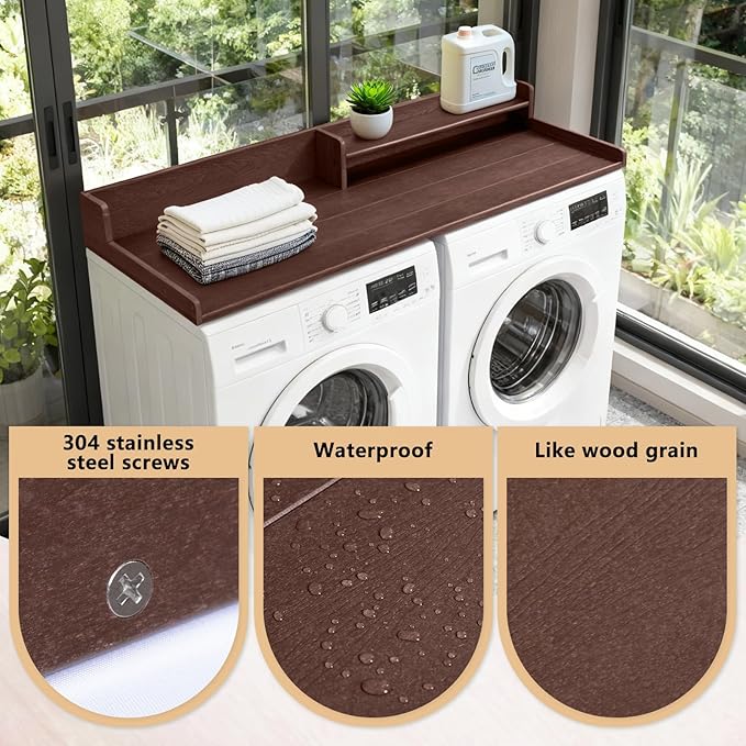 Washer and Dryer Countertop with Shelf, HDPE 2-Tier Laundry Countertop, 54" Wide Laundry Machine Topper with 2 Hooks & Non-Slip Pads for Laundry Room Organization and Folding Clothes (Brown)