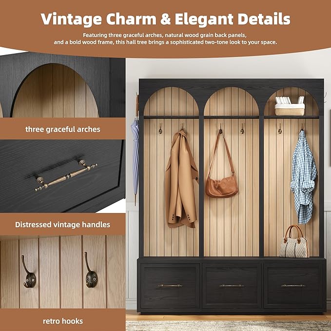 Farmhouse Hall Tree with Three Arched Design, All-in-One Design Wooden Coat Rack & Shoe Organizer with 3 Drawers, 59" Wide Entryway Bench with 8 Retro Hooks for Mudroom, Living Room (Black//538)