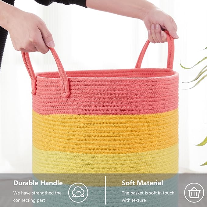 20 Inches Rainbow Baby Girls Kids Hamper Laundry Basket for Nursery Toddler Clothes Blanket Toy Storage Woven Rope Unicorn Hamper in Playroom Bedroom 60L Large