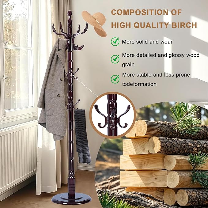 Solid Wood Coat Rack, Free Standing Hall Coat Tree with 14 Hooks, 3 Height Options, 300lbs Load, Stury Base, Clothes Rack for Entryway, Hallway, Bedroom (Disc Base - Wooden Phoenix Hook)