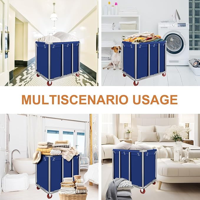 Commercial Laundry Cart with Wheels 11.35 Bushel Industrial Laundry Carts Basket Trucks Heavy Duty Large Laundry Carts Hampers Reinforced Steel Frame,440 lbs Load, Blue