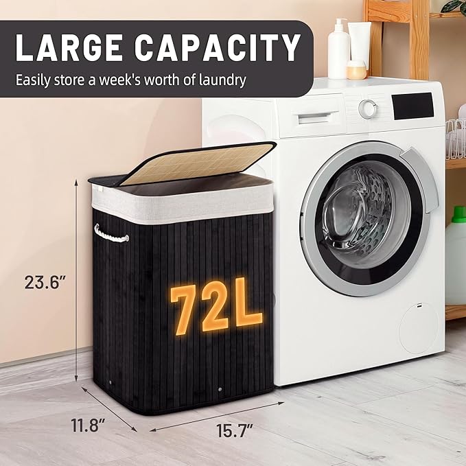 72L Slim Laundry Hamper with Lid, Foldable Bamboo Clothes Laundry Basket with Handles, Removable and Machine Washable Liner, for Bedroom, Bathroom, Dorm, Ink Black