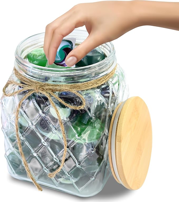 Skywin TidyFriend Glass Laundry Pods Container, Laundry Containers with Lid, Laundry Room Organization Jars, Dishwasher Pods Container, Laundry Jars (Clear) (Jar with Ropes and Wooden Lid)