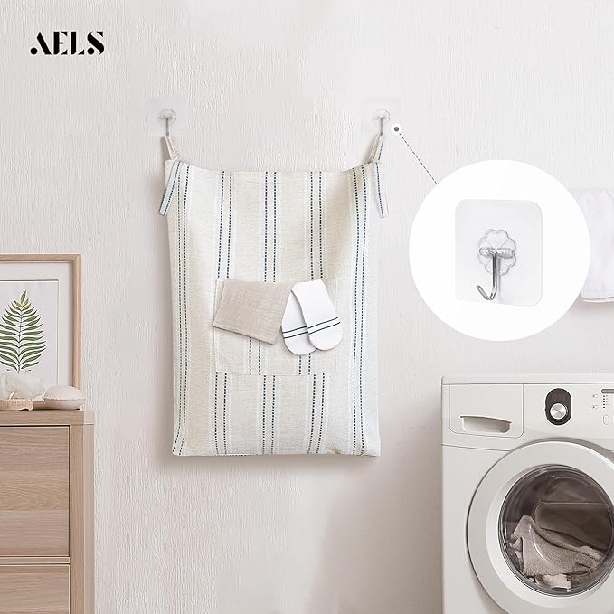 AELS Farmhouse Hanging Laundry Hamper with 2 Hooks, Boho Beige & Blue Stripes Laundry Bag with Zipper & Wide Open Top, Over the Door Organizer for Dirty Clothes, Washable Space Saving Storage
