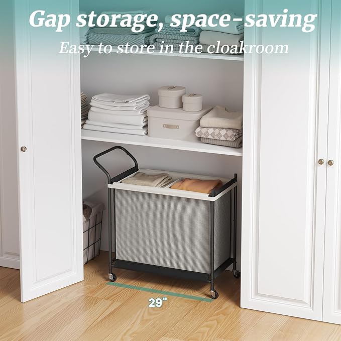 Laundry Hamper with Wheels - 2 Section Laundry Basket 160L, Removable Washable Bags, Height-Fitted Rolling Laundry Cart for Laundry Room & Bedroom