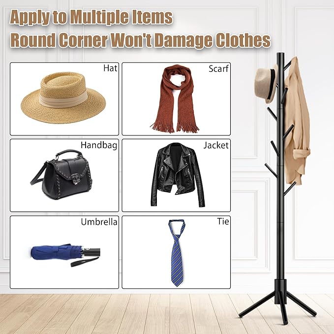 Wooden Coat Rack Stand, Freestanding Coat Rack with 8 Hooks, 3 Adjustable Size Coat Tree for Hats, Coats, Scarves bags, Coat Hanger Stand Used in Bedroom/Office/Entryway,2 PCS (Black)