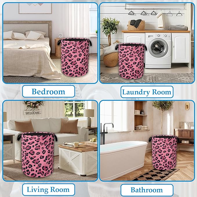 Pink Leopard Laundry Basket Collapsible Laundry Hamper Clothes Toy Storage Bin for Bathroom Bedroom Room Decor 16" X 20.8"
