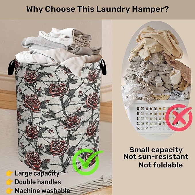 Gothic Thorn Rose Laundry Basket with Handles - Extra Large Foldable Hamper for Bathroom/Laundry/Bedroom/Dorm, Washable Fabric Storage Bin