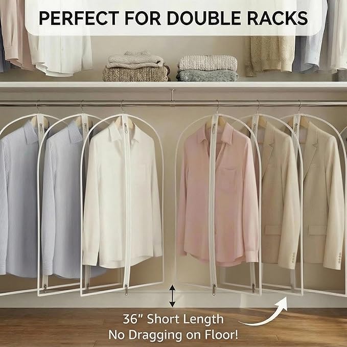 All Clear Garment Bags for Travel - 32” PEVA Waterproof Suit Cover with Zipper for Hanging Clothes, Shirts, Sweaters - Durable Dresser for Closet Storage, Dustproof & Moisture Resistant - 32”/6 Pack