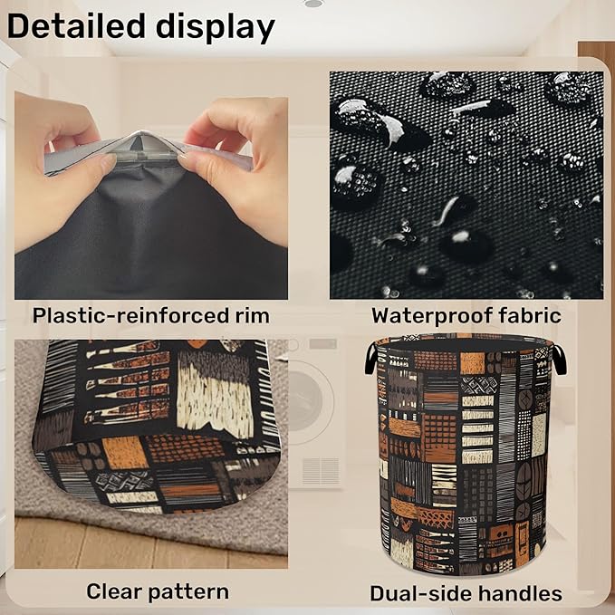 African Style Brown Orange Laundry Basket - Heavy Duty 60L Dirty Clothes Organizer, Water Resistant Foldable Hamper for Men Women