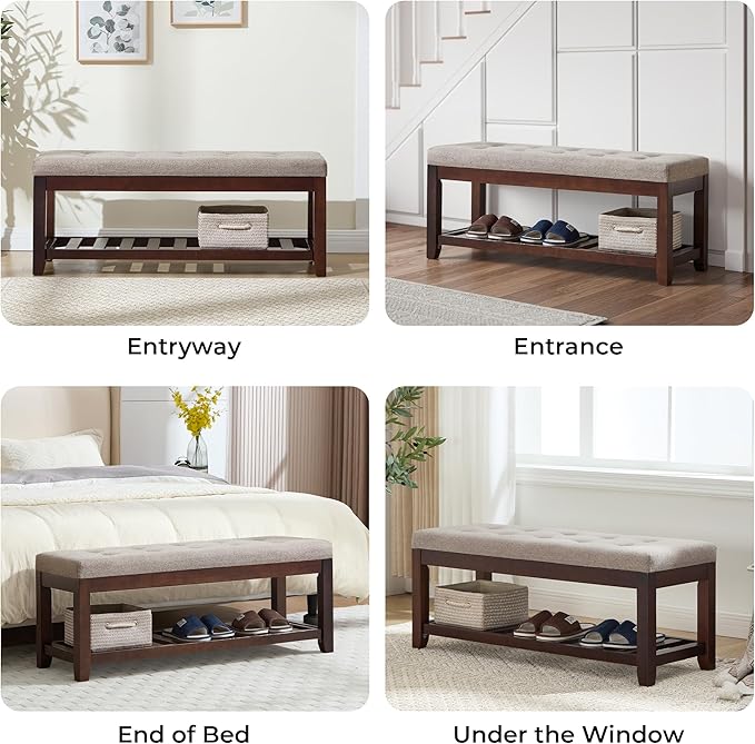 Shoe Bench Entryway, 44" End of Bed Bench,Upholstered Linen Bench for Living Room,Fabric Ottoman Bench with Solid Wood Shelf for Bedroom, Entrance Lightbrown