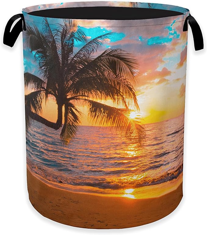 Tropical Palm Tree Laundry Hamper,Summer Beach Sunset Clothes Hamper for Laundry,Waterproof Oxford Toy Storage Collapsible Hampers for Bedroom, Dorm Room,Bathroom,16x20 Inch