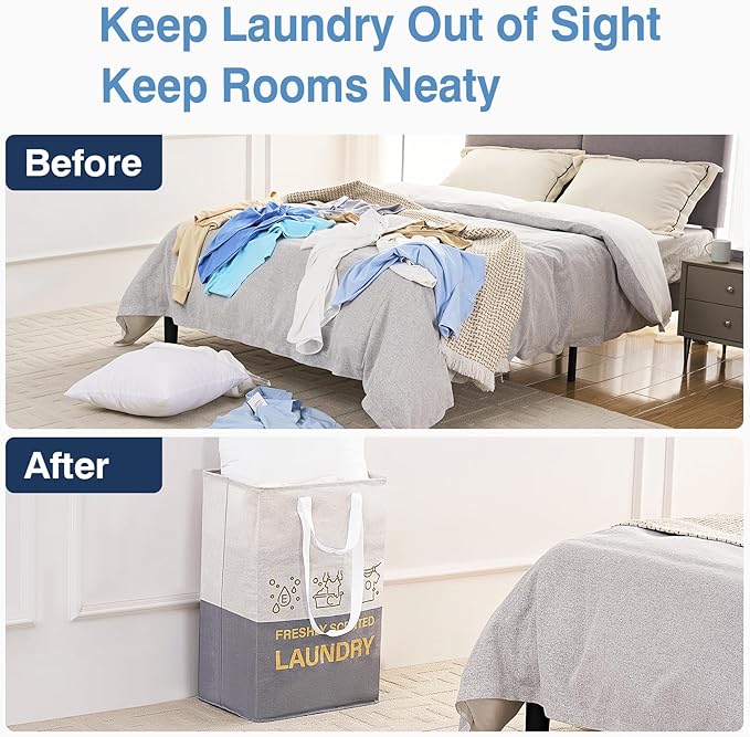 ELONG HOME 2 Pack Laundry Baskets, 92L Freestanding Laundry Basket with Handles, Waterproof Tall Collapsible Clothes Hamper for Dorm, Bedroom, Bathroom