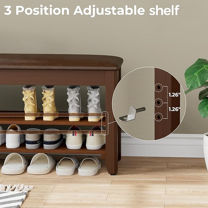 Shoe Rack Bench with Flip-Top Storage, Solid Wood Entryway Bench with Cushion, Adjustable Shelf, for Hallway, Mudroom, Closet – Walnut, 47.2"