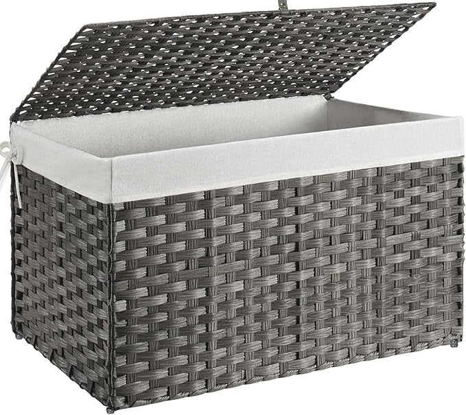 GREENSTELL Storage Basket with Lid, 42.3 Gallon(160L) Lagre Wicker Blanket Storage Basket with Handles, Foldable, 2 Removable Liner Bags, Metal Frame, for Bedroom, Laundry Room, Grey,30"*18.1"*18.1"