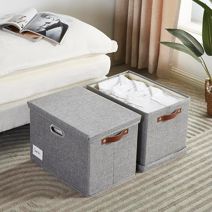 15" Large Collapsible Storage Bins with Lids, Stackable Closet Organizers with PU Handle and Labels, 3-Pack Decorative Fabric Storage Boxes for Home, Bedroom, Closet, Office, Nursery(Gray)