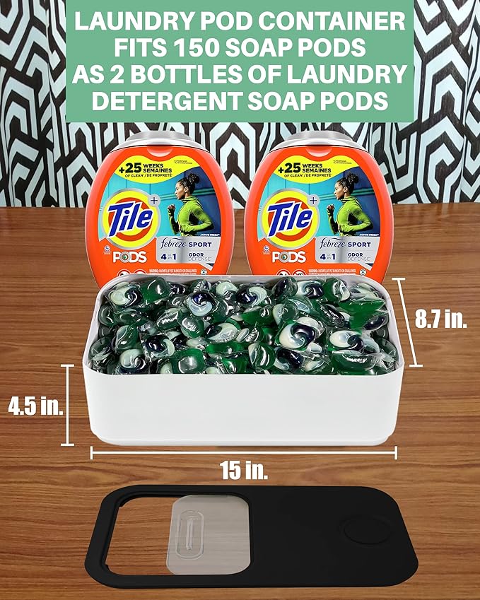 Skywin-2 Pack Laundry Pods Container with Slide Lid (Black),Laundry Pod Holder 15x8.7x4.5 In,Holds 11 Pounds, Fits 2 Bottles of Detergent,120-150 Pods,Laundry Pod Container, Dishwasher Pods Container