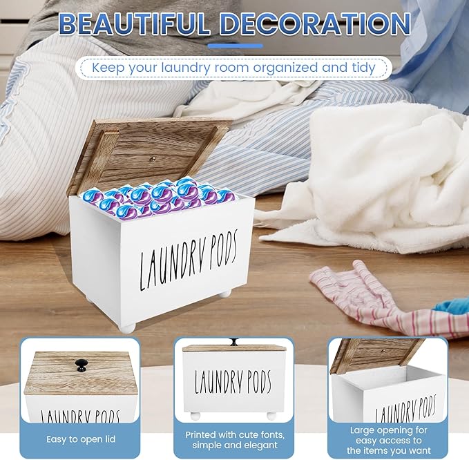 Laundry Pods Container, Farmhouse Laundry Pod Holder, Dryer Sheet Dispenser Laundry Wooden Box Container, Wooden Pods Caddy with Lid for Laundry Room Accessories Organization Decor Dispenser (White)