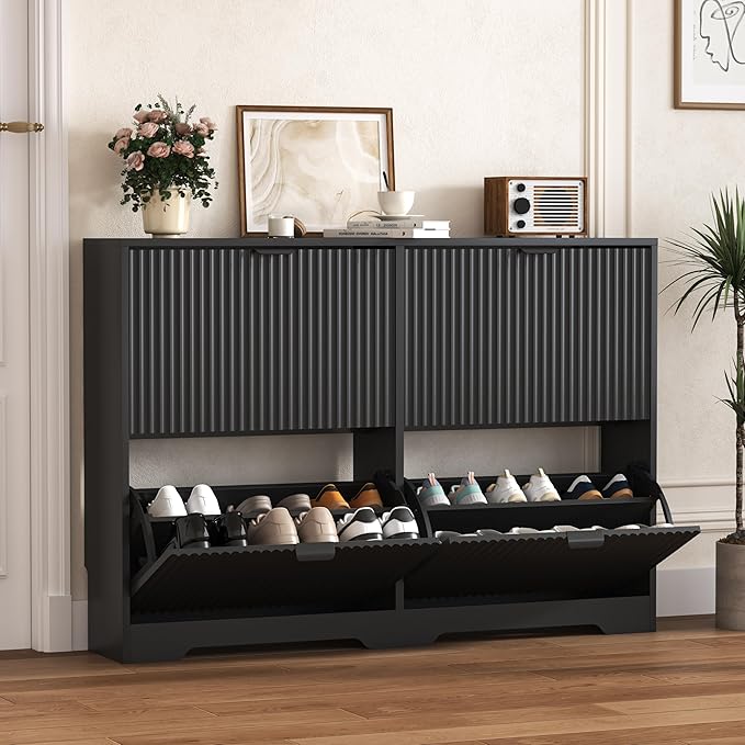 Shoe Cabinet Storage for Entryway with 4 Flip Drawers, Black Fluted Shoe Cabinet with Adjustable Shelves, Wooden Hidden Shoe Rack Freestanding Narrow Slim Shoes Storage for Hallway, Entrance