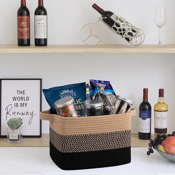 OIAHOMY Woven Storage Basket for Shelves, Rectangle Cotton Rope Baskets for Organizing, 13 x 10 x 9 in, Storage Bins for Dog Toys,Towel,Books,Gift,Gradient Black Brown