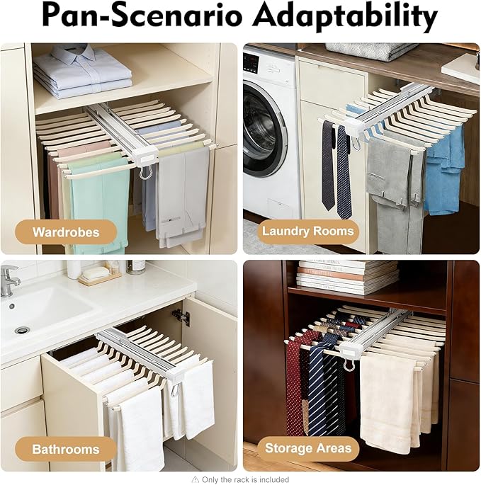 22 Arms Steel Slide Out Pants Rack Closet Pants Hanger Bar Pull Out Trousers Rack Tie Belts Scarf Racks, Top Mounted Wardrobe Clothes Organizers Rail Pull Out Closet Storage Rod-Beige