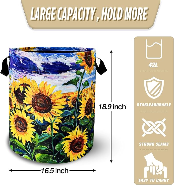 Beautiful Sunflower Flowers Laundry Basket Foldable Oxford Cloth Funny Tote Bag Laundry Hamper Clothes Storage Bucket Toy Organizer For Bathroom/Laundry Storage/Bedroom 18.9x16.5 Inch