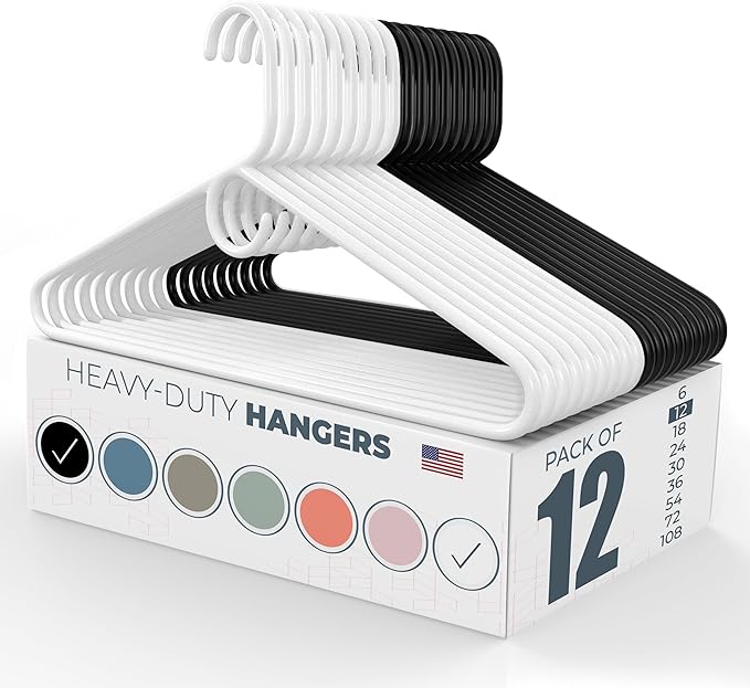 Neaties Heavy Duty Clothes Hangers 12 Pack – Made in the USA – 8lb Capacity Plastic Hangers for Adult Clothing – Durable for Pants, Coats, Jackets, or Jeans – White & Black