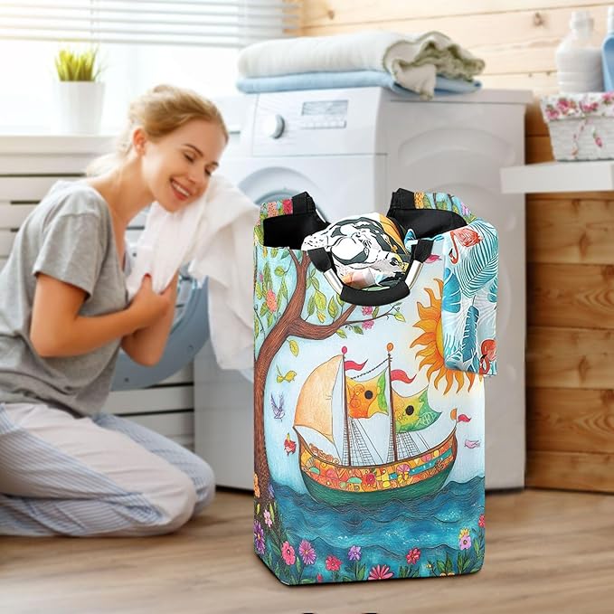 xigua Sun and Ship Large Laundry Hamper with Handle, Foldable Clothes Hamper Collapsible Storage Basket for Toys and Clothes Organization in Bedroom, Bathroom, and Laundry Room