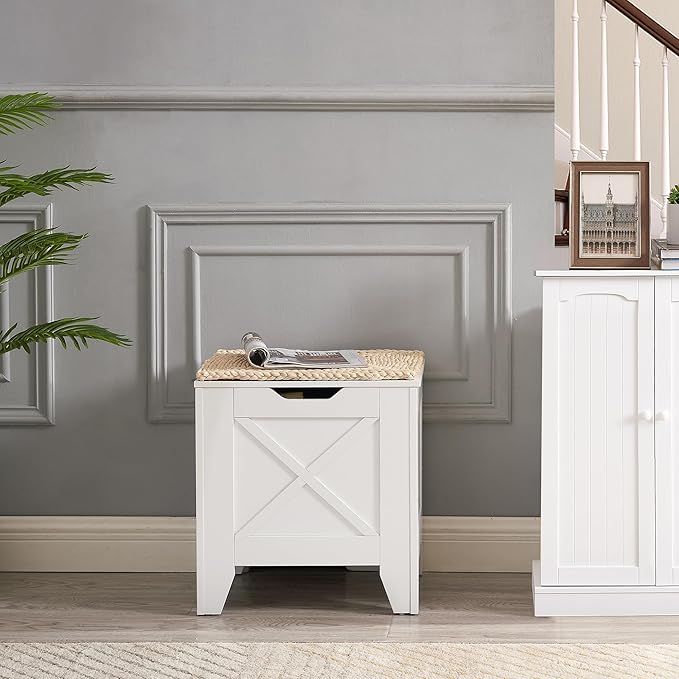 VECELO 17.7" Storage Bench, Entryway Shoe Ottoman, Farmhouse Style Bench with Handwoven Cushion and Metal Safety Hinges, for Bedroom, Living Room, Entryway, White