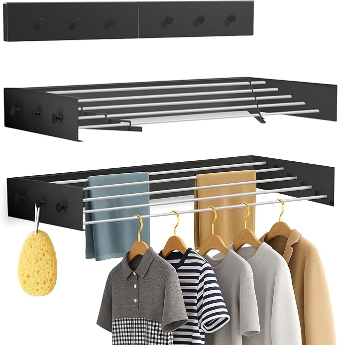 Wall Mounted Drying Racks for Laundry (31.5 Inches Wide) – Retractable Clothes Drying Rack Wall Mounted with Carbon Steel Panel 6 Knobs & 5 Aluminium rods, Wall Drying Rack with Screws (Black)