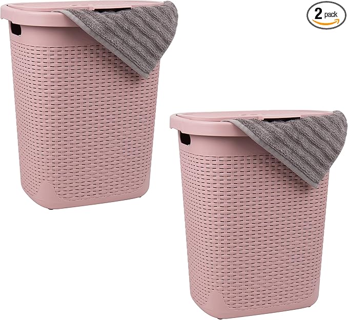 Mind Reader 50L Slim Laundry Hamper, Clothes Basket, Lid, Wicker Design, Plastic, 17.65"L x 13.75"W x 21"H, Set of 2, Pink