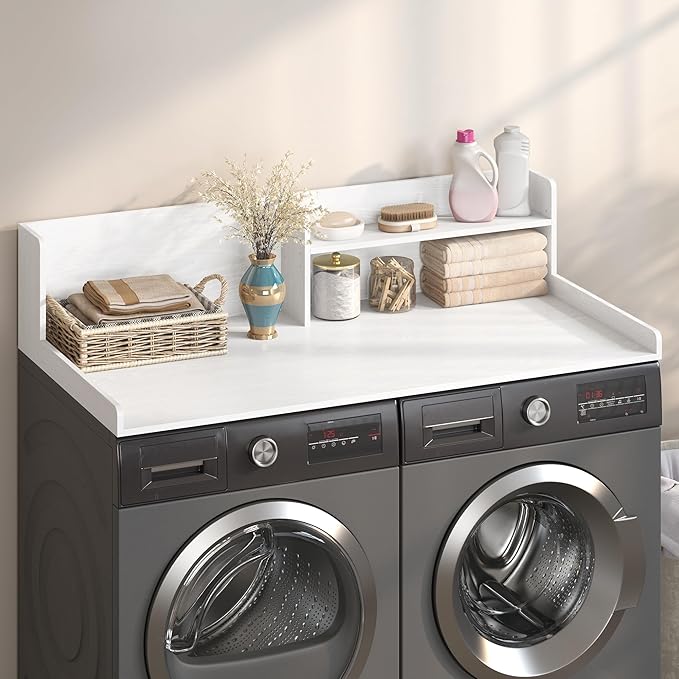 Washer Dryer Countertop, White - 2-Tier Wood 54" x 27.5" Laundry Topper with Safety Guard & Non-Slip Pads, Over The Washer Dryer Folding Shelf for Maximum Space Saving (White)