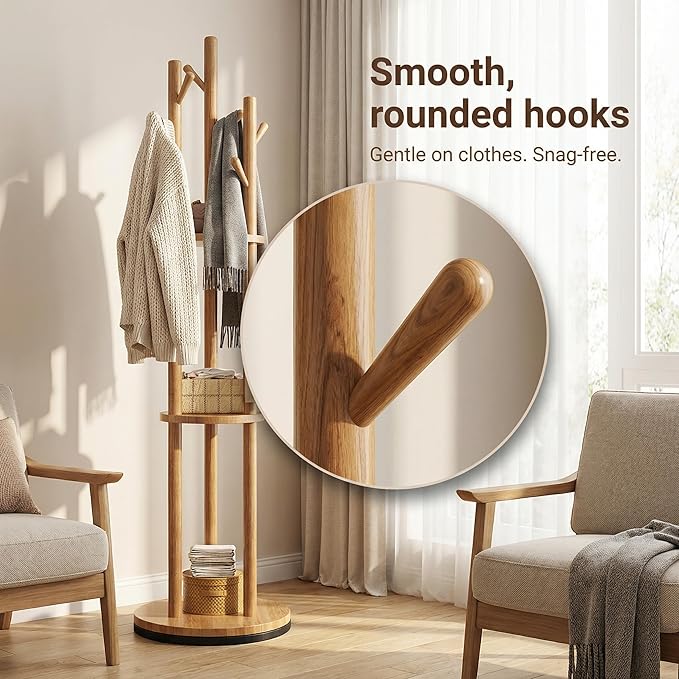 Rotating Solid Wood Coat Rack with 3 Storage Shelves, 360° Swivel Freestanding Entryway Coat Stand,Modern Space-Saving Organizer,Natural Wood