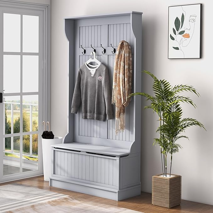 HOMCOM Hall Tree with Bench and Shoe Storage, 3-In-1 Entryway Bench with Coat Rack, 5 Hooks and Flip Top Storage Compartment, Gray