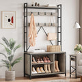 Industrial Hall Tree with Shoe Bench & Coat Rack - 8 Hooks, Storage Shelf & Hanging Bar for Entryway, Grey Wood Look Accent Furniture