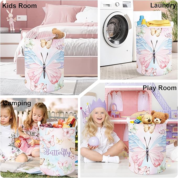 3D Pastel Butterfly Baby Laundry Hamper Collapsible Clothes Kids Storage Basket Large Girls Gift Toy Box Bin for Bedroom, Colorful, 63L