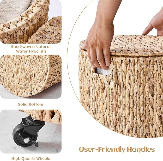 Wimarsbon Vintage Storage Basket, Multipurpose Rolling Hamper With Brakable Wheels and Lid, Braid Laundry Bin, Handwave Clothes Toy Organizer Tote for Living Room