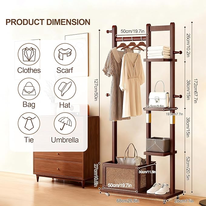 Solid Wood Clothes Rack with Wheels, Freestanding Coat Rack with 4 Shelves, 4 Side Hooks & Storage Basket, 4-IN-1 Clothing Rack Heavy Duty Clothes Hanger Stand for Clothes Garment Wallets Hats