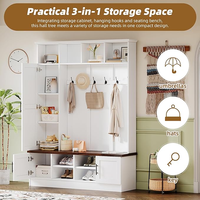 Versatile 3-in-1 Hall Tree, 55" W Modern Entryway Coat Rack with Multiple Storage Space, 6 Hooks, Farmhouse Walnut Storage Bench with Adjustable Shelves for Mudroom, Living Room