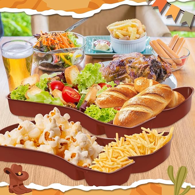 Uiifan 24 Pcs Cowboy Boot Party Serving Trays, Disposable Plastic Compartment Plates Boot Shaped Plates Western Theme Party Decorations Tableware for Cowboy Cowgirl Birthday Supplies (Brown)