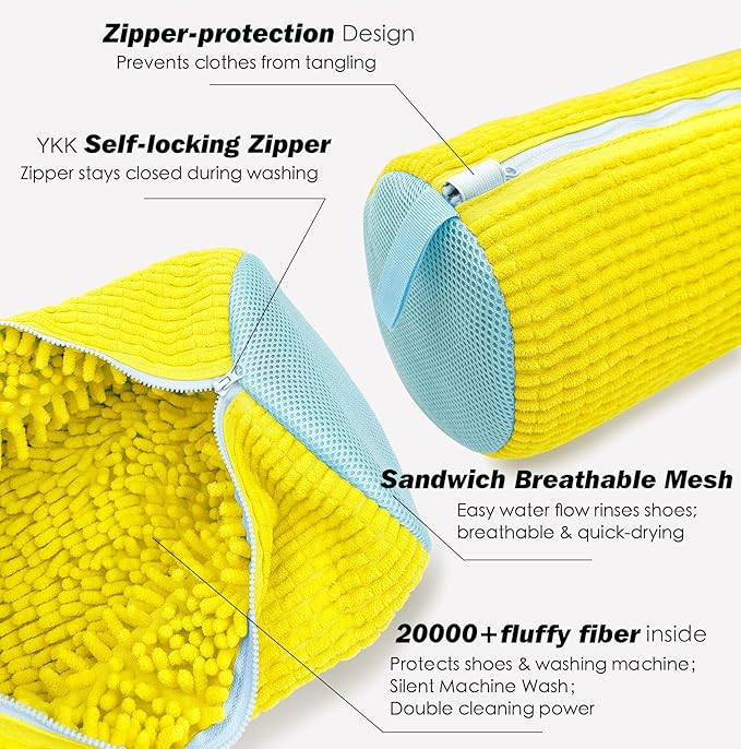 Shoe Washing Machine Bag,Laundry Shoe Bag for Washer and Dryer,Reusable Shoe Cleaning Bag for Sneakers,Tennis Shoes,With Self-locking Zipper, Microfiber Inside,Include Shoes Storage Bag (Yellow(2PC))