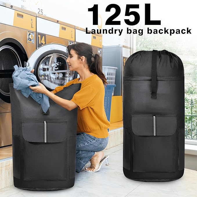 BeeGreen Black-Laundry-Bag-Backpack-Extra-Large-Heavy-Duty, 125L Portable Travel Laundry Backpack with Shoulder Straps & Extendable Clothes Hamper 3 Pockets for Dorm Apartment