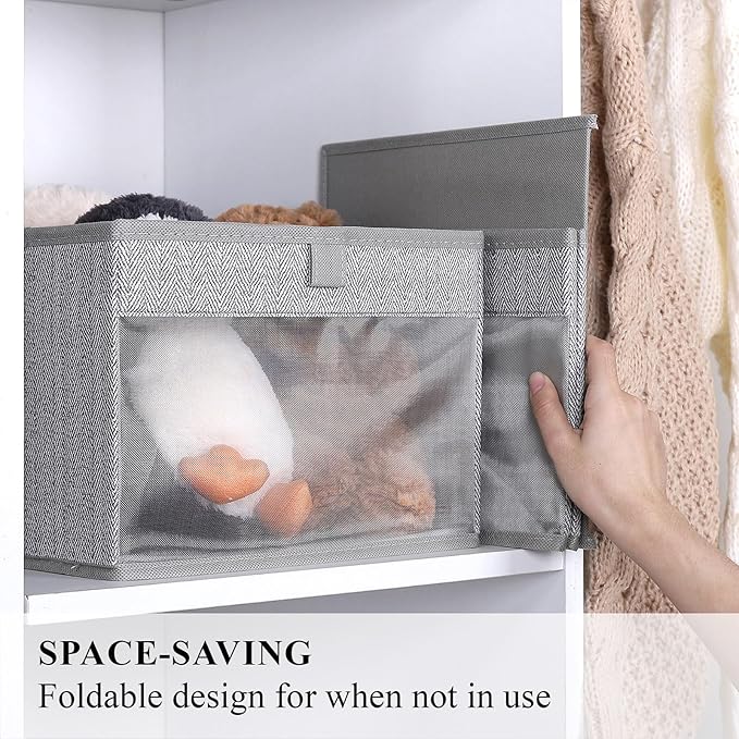 WUIKE Closet Storage Bins, Medium Storage Boxes with Clear Window, Fabric Storage Baskets for Organizing Clothes, Sheets, Blankets, Decorative Storage Bins, Herringbone Gray