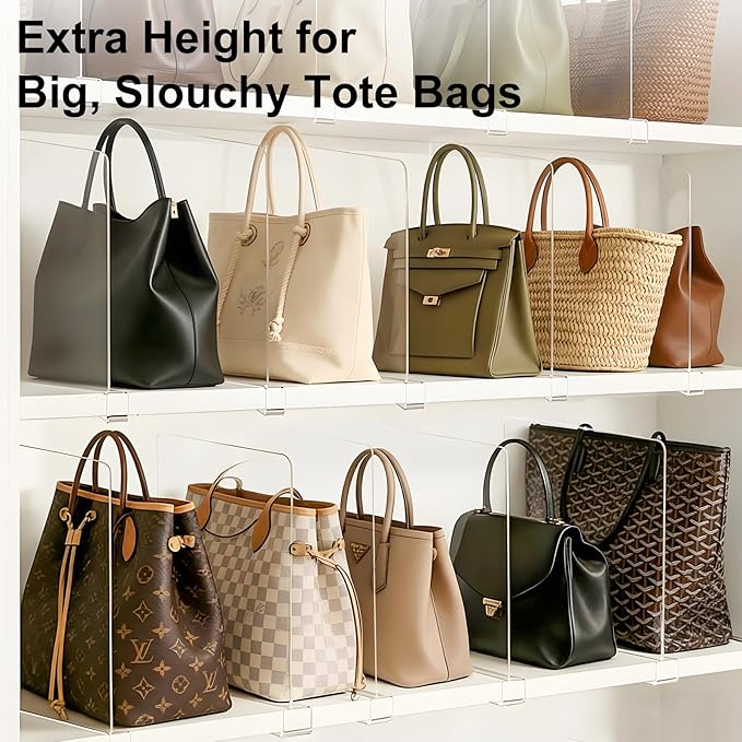 Shelf Dividers Purse Organizer for Closet: 11-inch Tall(Higher Version) Acrylic Sweater Organizer - Upgraded Extra Height for Large Handbags, Totes, Clothes, Towels on Wood Shelves 6-Pack