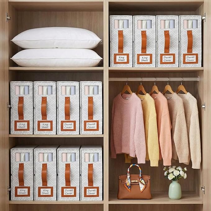 4 Pack Bed Sheet Organizers and Storage, (King & Queen Size) Sheet Organizer for Linen Closet, Foldable Bedding Storage Box with Window for Bedsheets, Duvet Cover and Pillowcase (Light Printed 4 Pack)